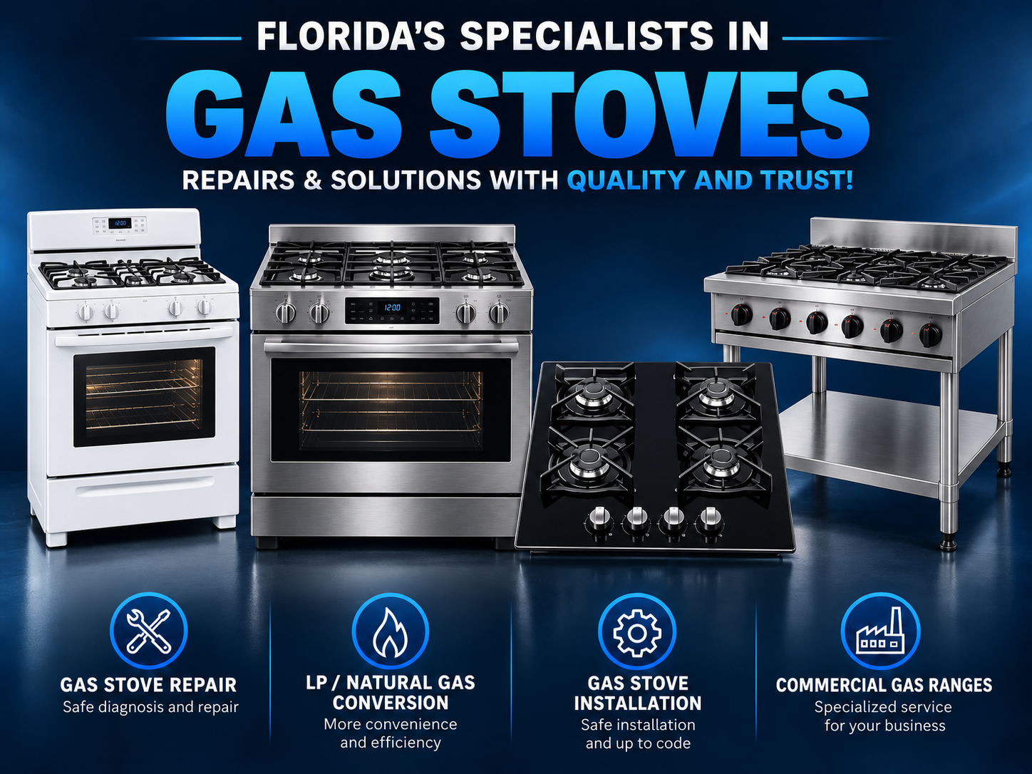 Florida gas stove repair, conversion, installation, and commercial range service